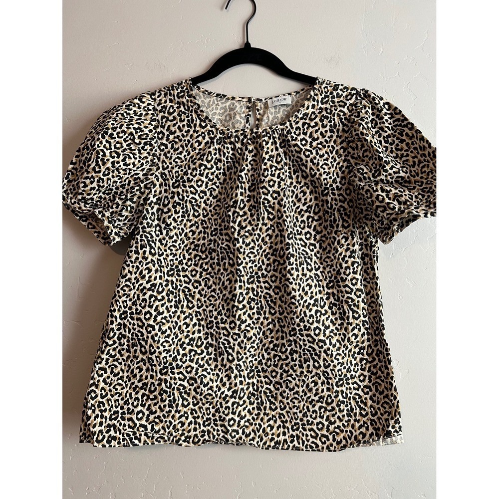 J. Crew Leopard Animal Print Puff-Sleeve Top Stretch Cotton Poplin Size‎ XS